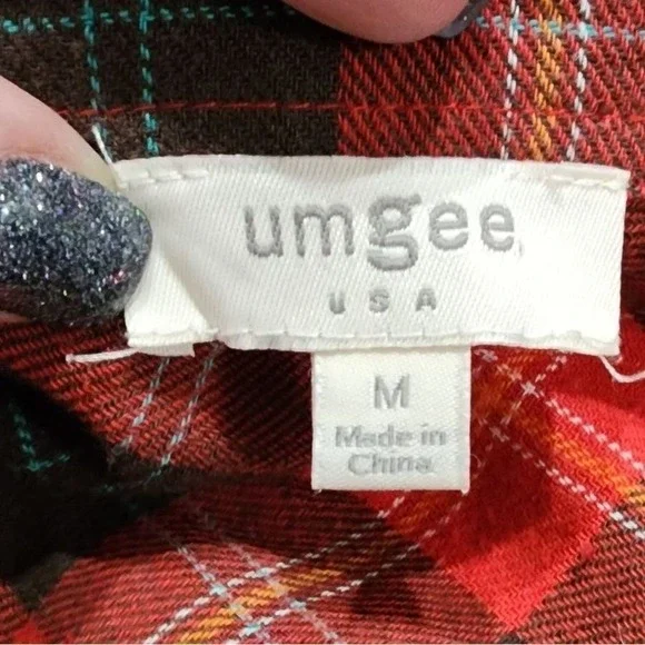 Umgee red plaid fringed button down tunic dress shirt size medium - Picture 7 of 8